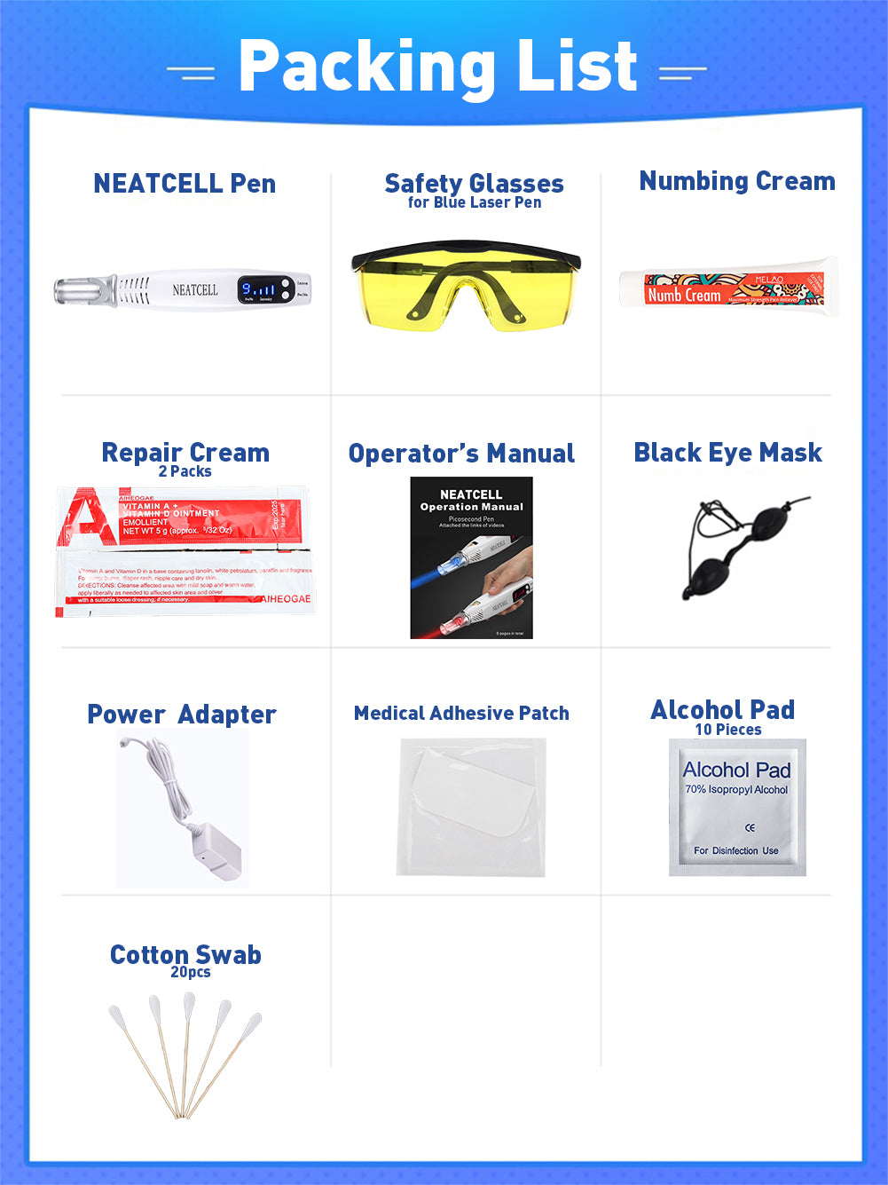 The Complete Home Tattoo and Pigment Removal Set: NEATCELL Plug-In Model Picosecond Laser Pen with Safety Glasses, Operator's Manual, Numbing Cream, Repair Cream, Cotton Swabs, and Alcohol Pads